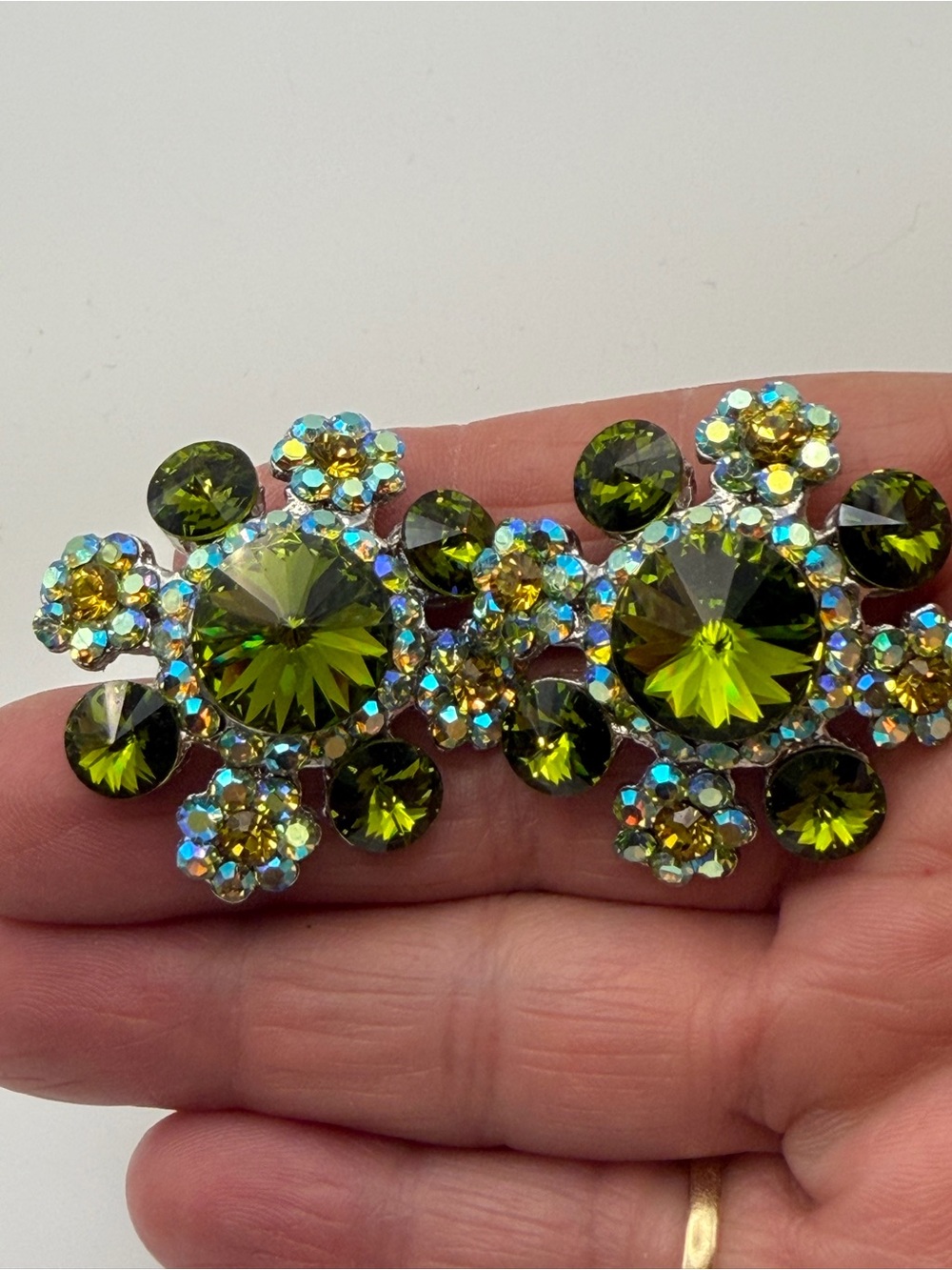 Vintage rhinestone floral cluster clipon earrings olive green and AB  rhinestone